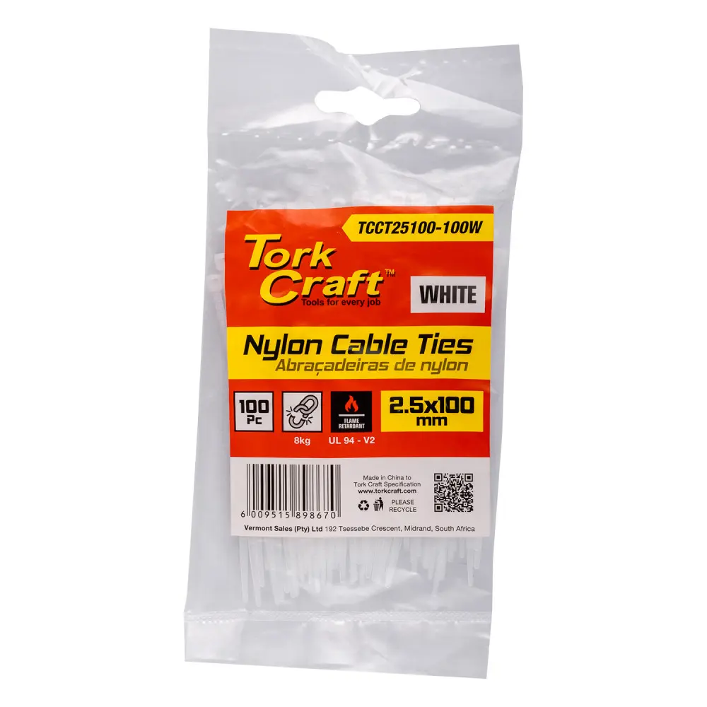 Tork Craft Cable Ties White (100pk) (2.5mm x 100mm)